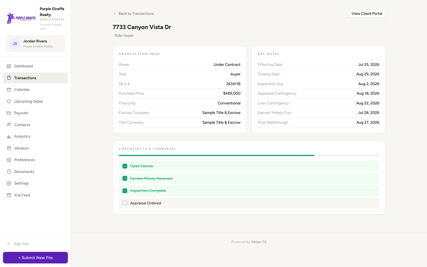 Agent portal file view with key dates and checklist